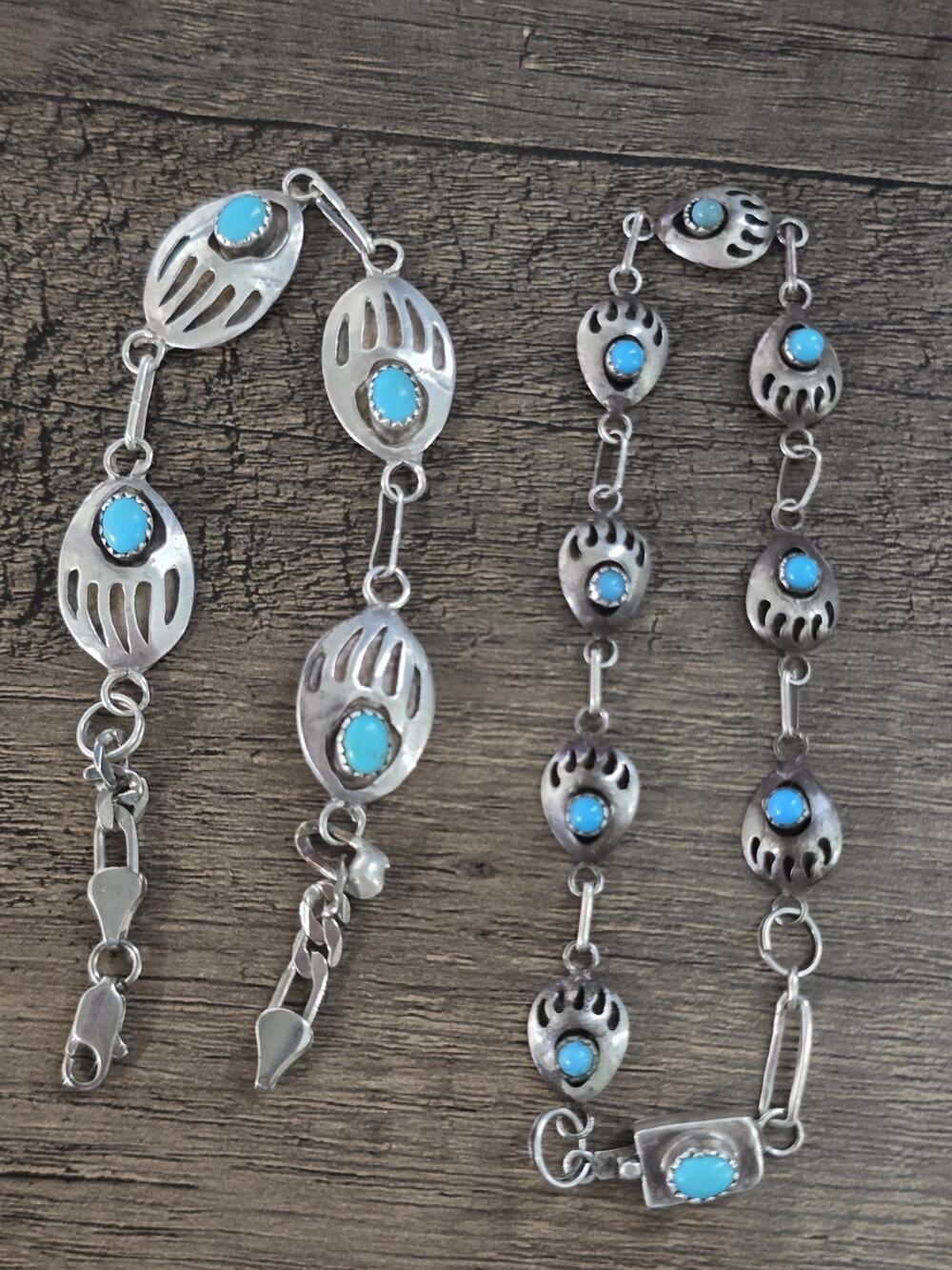 2x Navajo DY Sterling Bear paw Turquoise Repurposed Bracelet links 8" / 9.5"